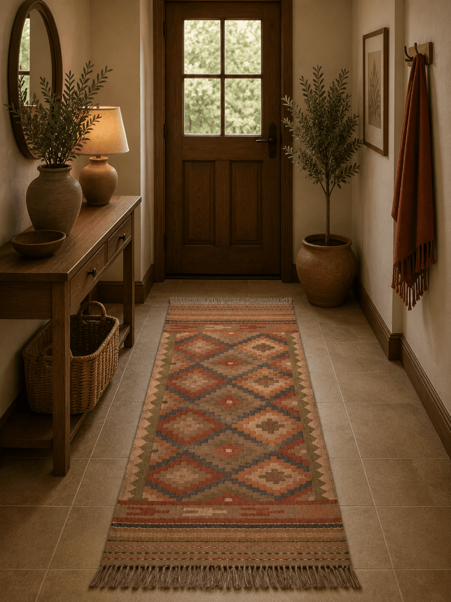 Alfombra Kilim 75x180 cms para (comedor, salón, dormitorio...dinning, living,  room) multicolor de yute y lana.