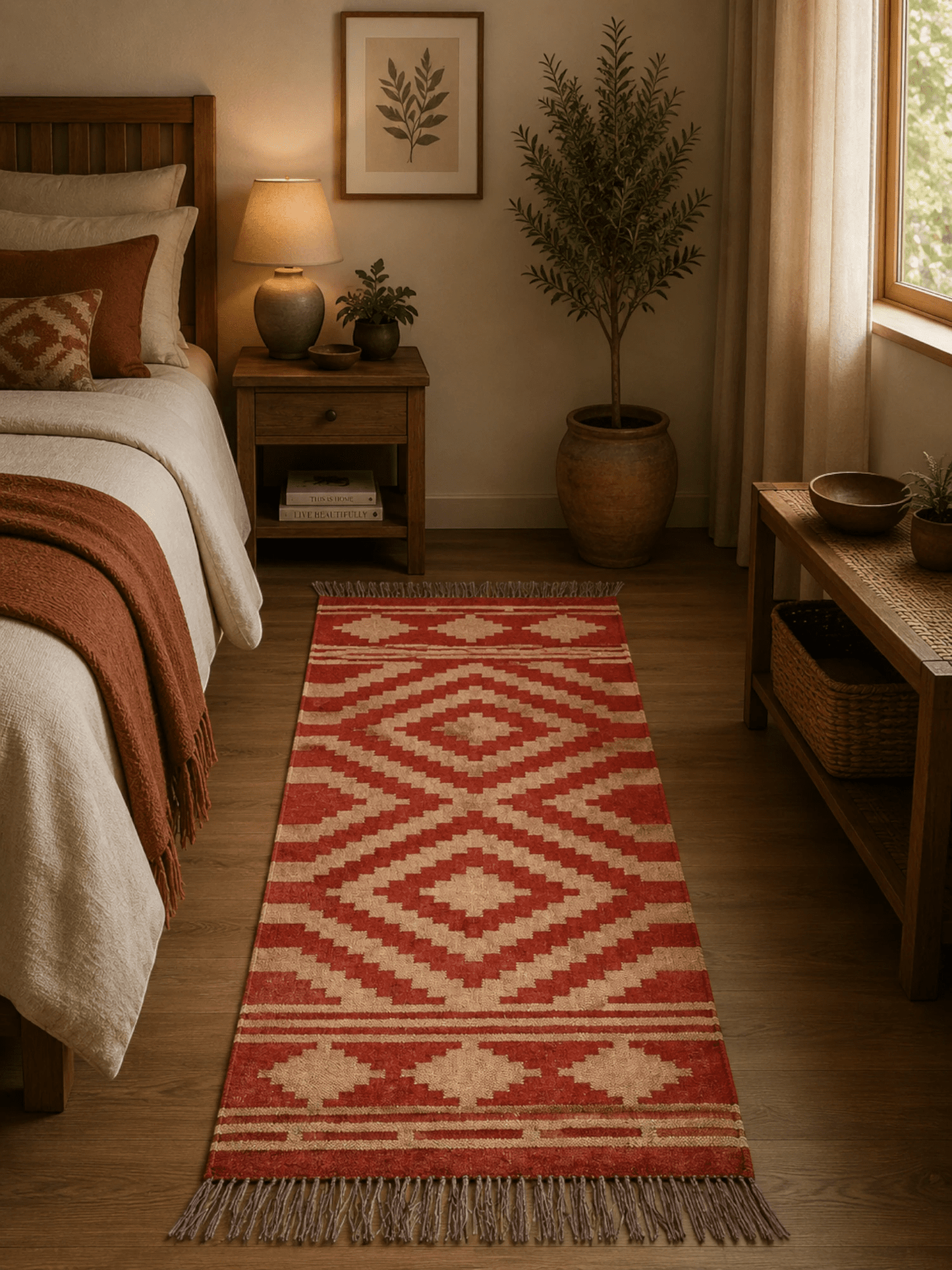 Alfombra Kilim 75x180 cms para (comedor, salón, dormitorio...dinning, living,  room) roja de yute y lana.