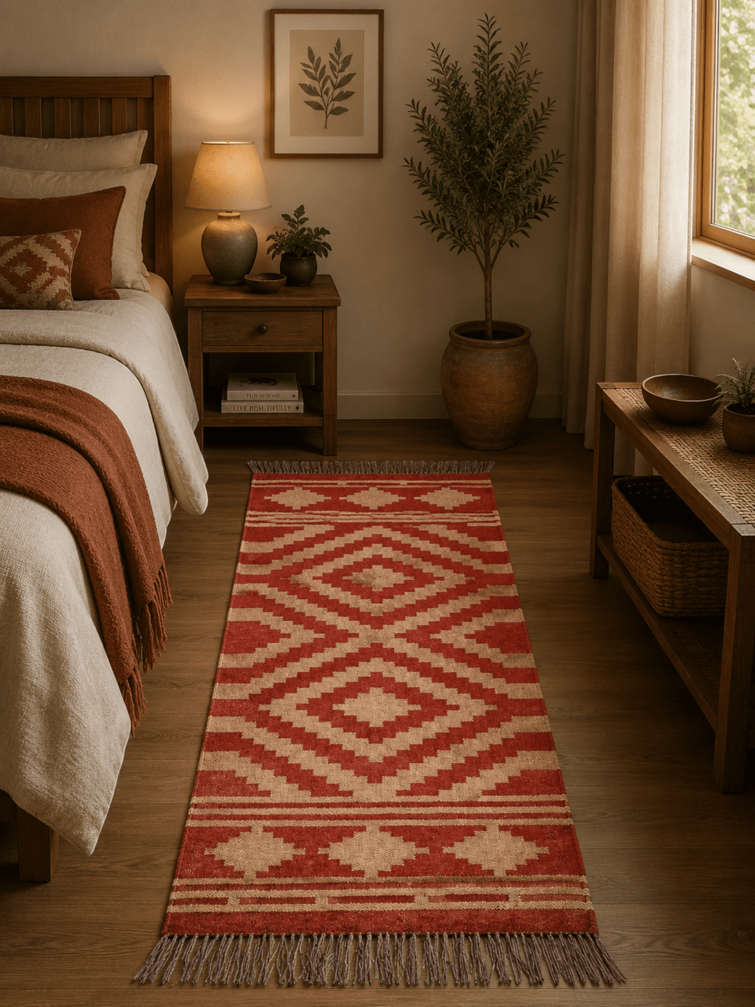 Alfombra Kilim 75x180 cms para (comedor, salón, dormitorio...dinning, living,  room) roja de yute y lana.