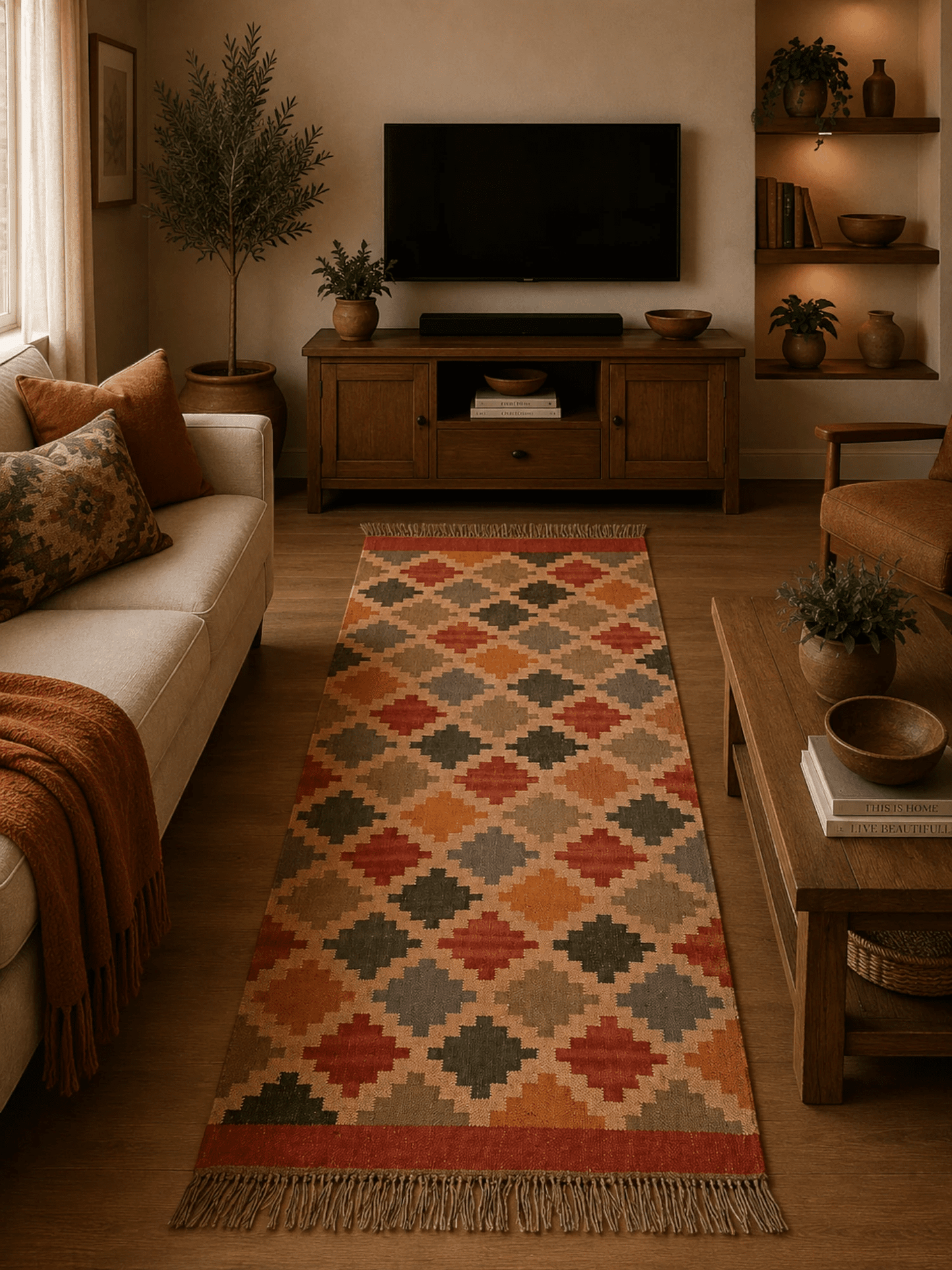 Alfombra Kilim 75x180 cms para (comedor, salón, dormitorio...dinning, living,  room) multicolor de yute y lana.