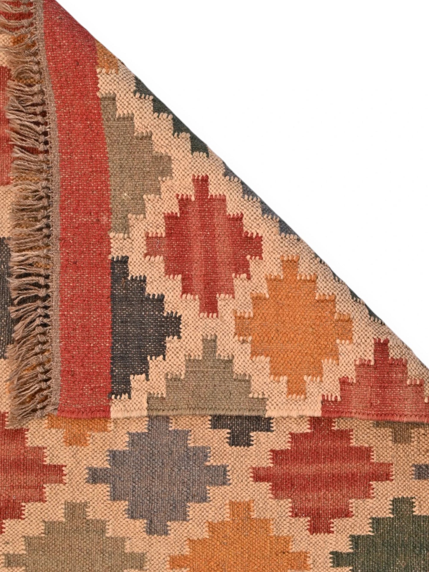Detalle de alfombras kililm pasillo 75x180 multicolor necha a mano en fibras naturales