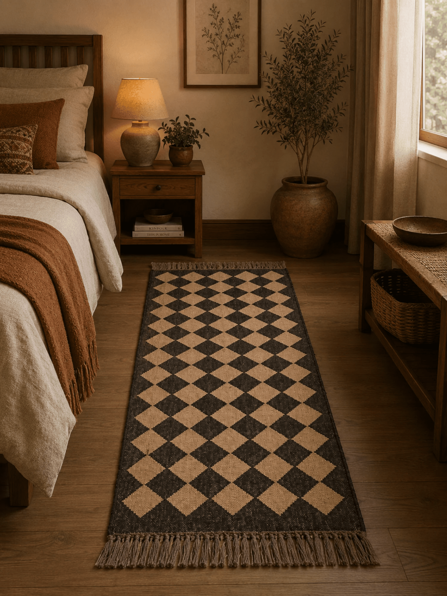 Alfombra Kilim 75x180 cms para (comedor, salón, dormitorio...dinning, living,  room) beige negro de yute y lana.