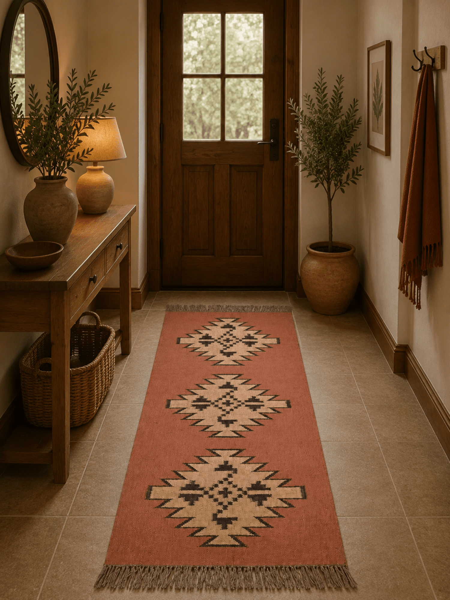 Alfombra Kilim 75x180 cms para (comedor, salón, dormitorio...dinning, living,  room) roja de yute y lana.