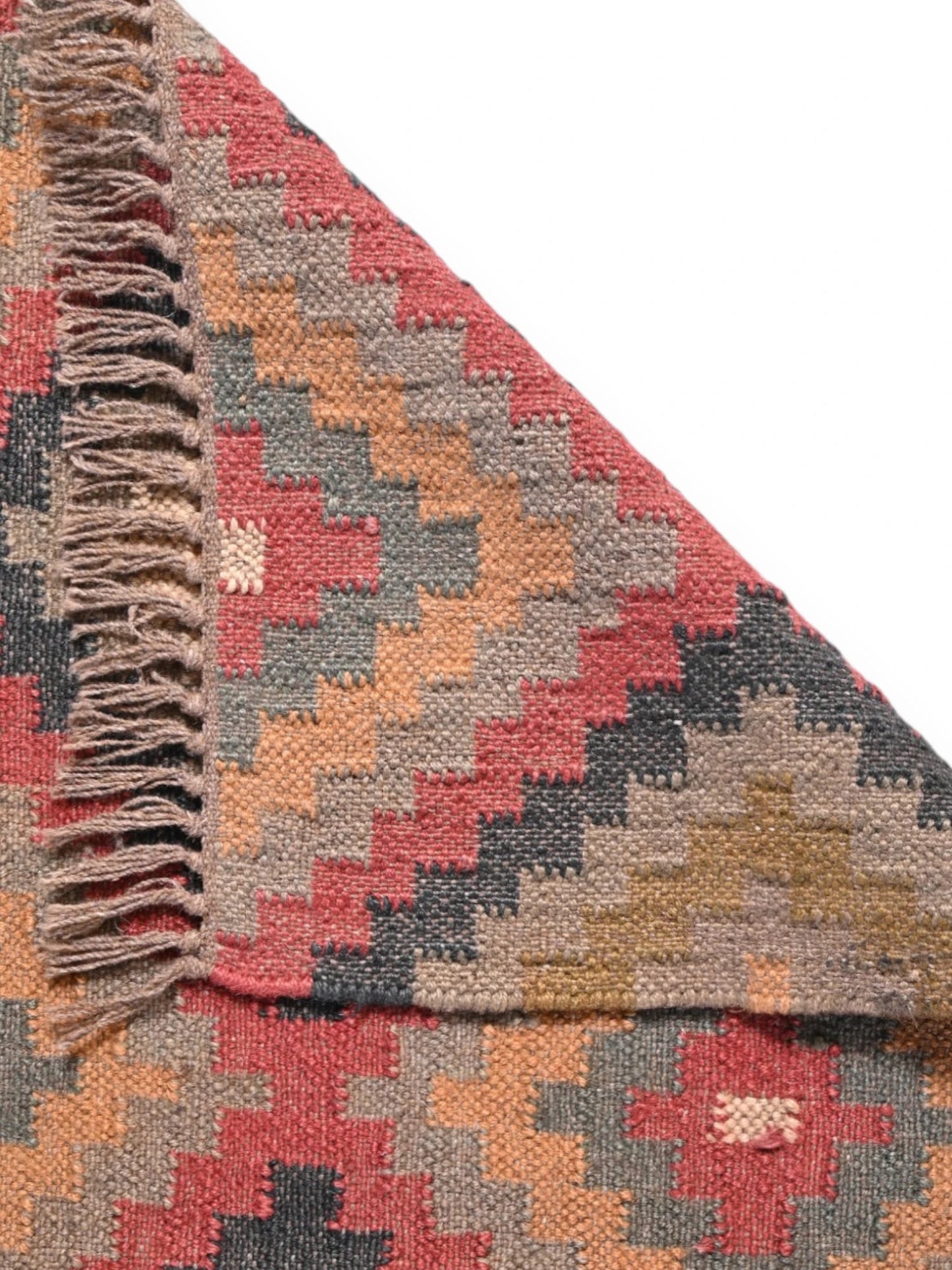 Detalle de alfombras kililm pasillo 75x240 multicolor necha a mano en fibras naturales