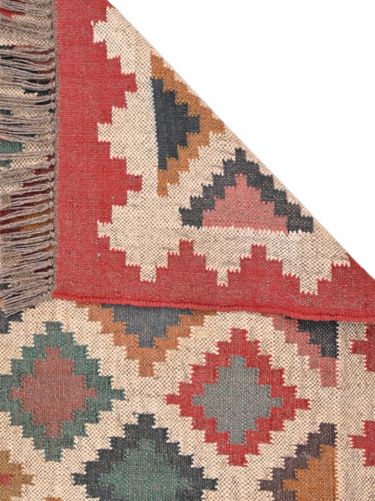 Detalle de alfombras kililm pasillo 75x240 multicolor necha a mano en fibras naturales