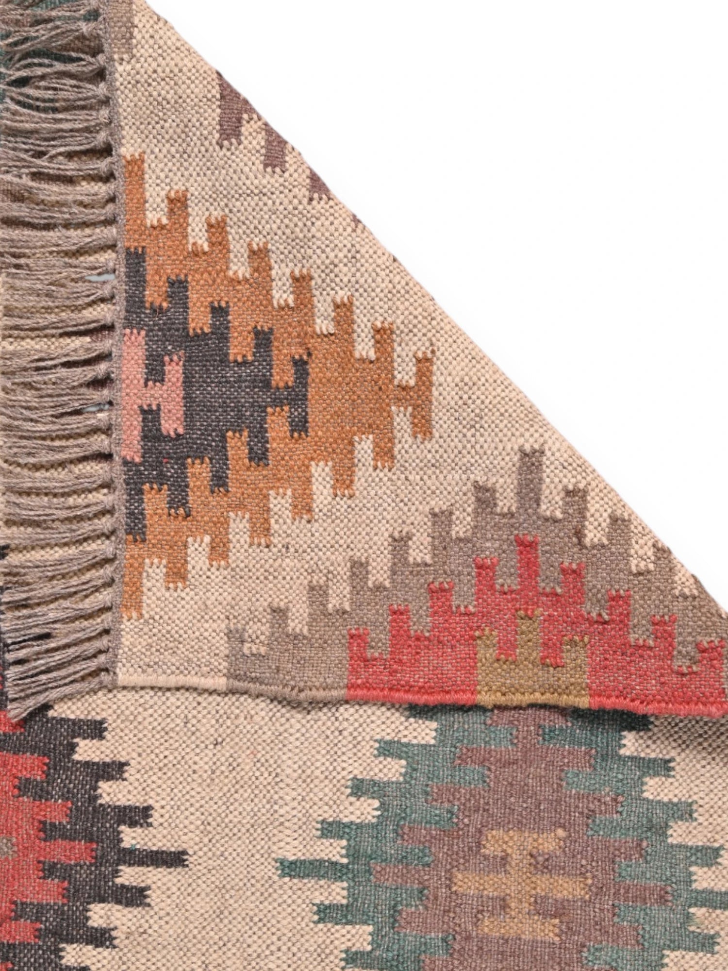 Detalle de alfombras kililm pasillo 75x240 multicolor necha a mano en fibras naturales