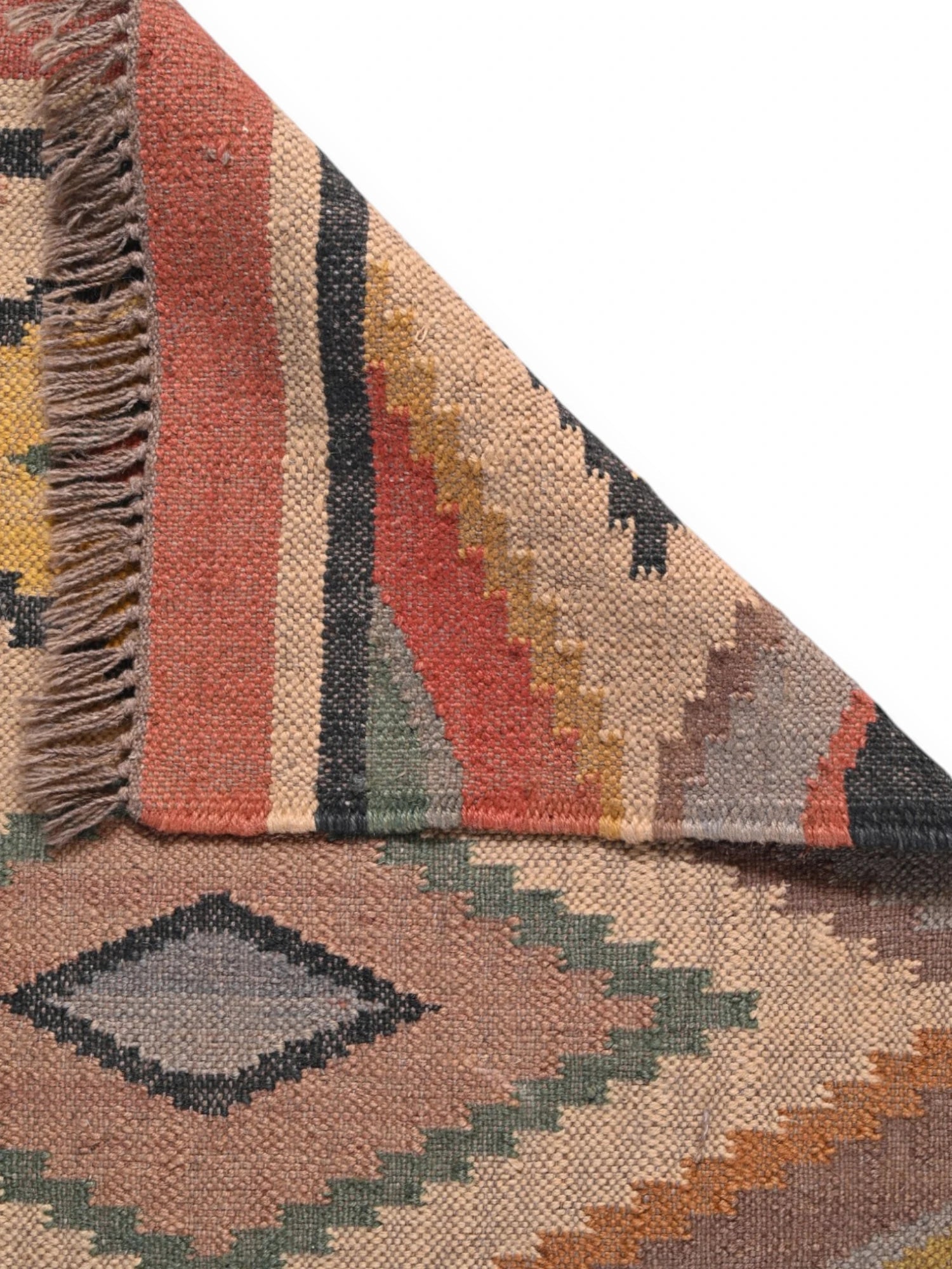 Detalle de alfombras kililm pasillo 75x240 multicolor necha a mano en fibras naturales