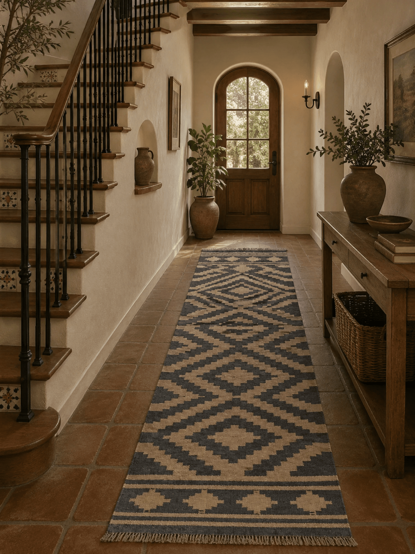 Alfombra Kilim 75x240 para (comedor, salón, dormitorio...dinning, living,  room) negro beige  de yute y lana.