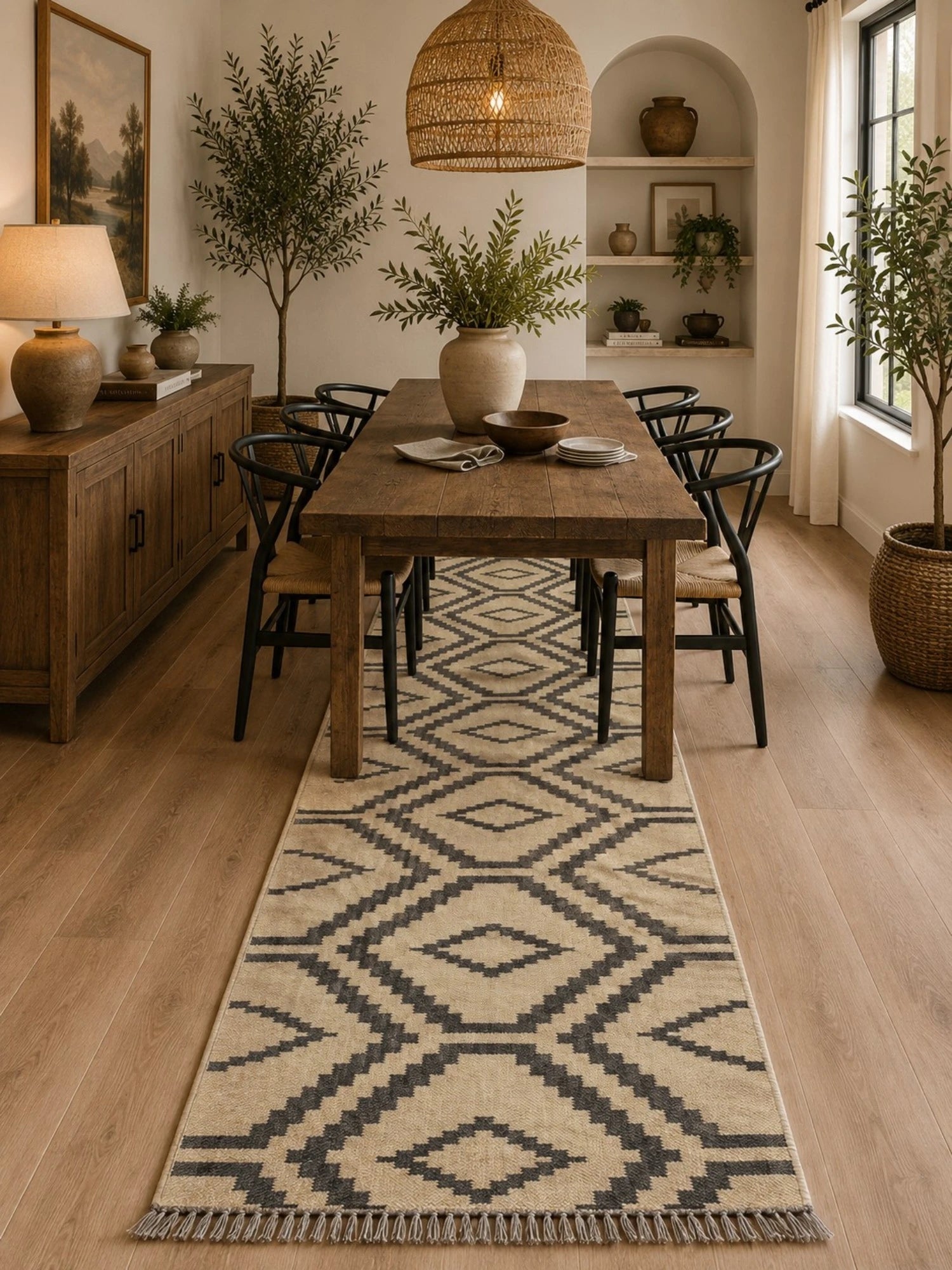 Alfombra Kilim 75x280 para (comedor, salón, dormitorio...dinning, living,  room) color creme negro de yute y lana.