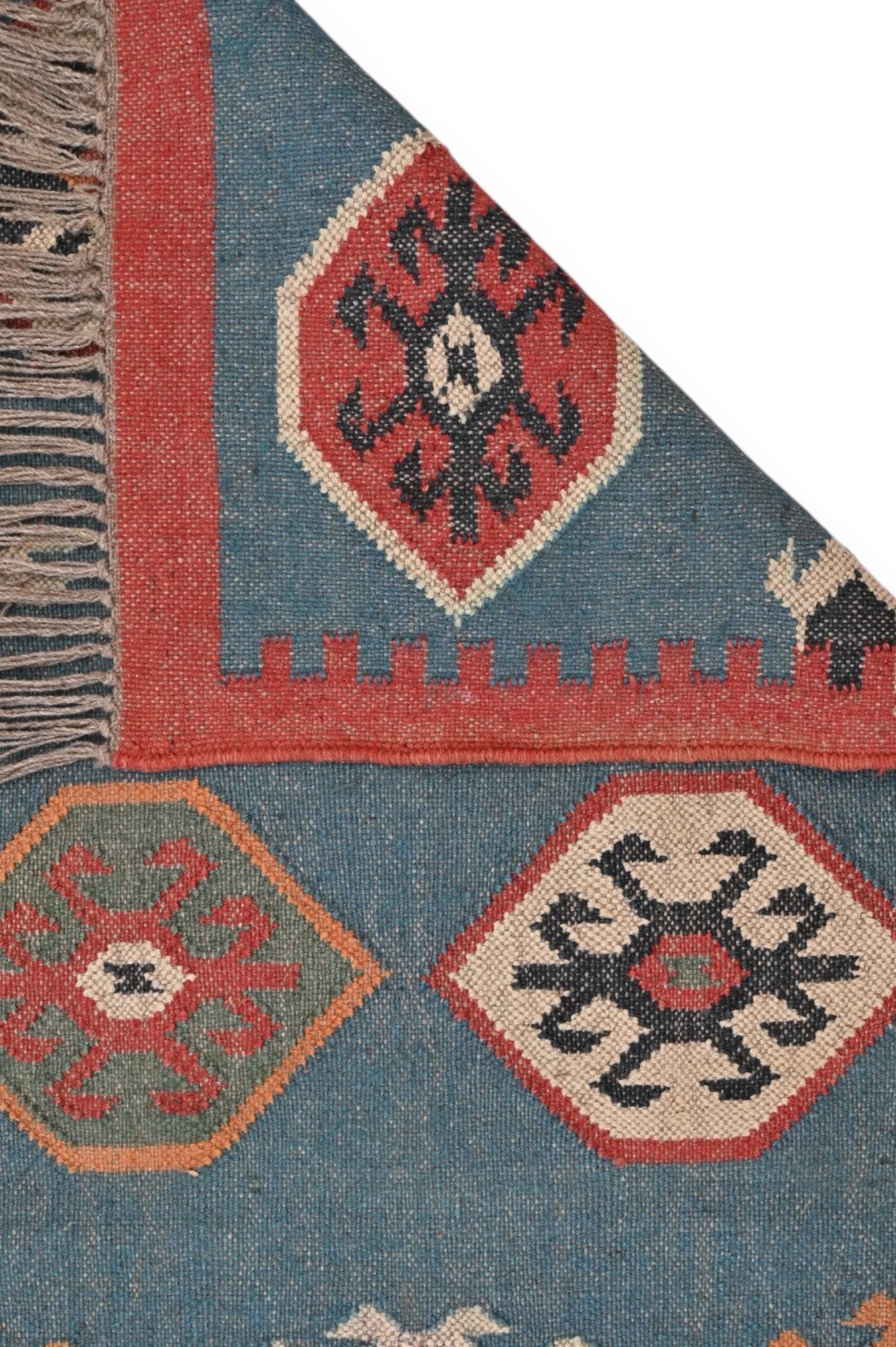 Detalle de alfombras kililm pasillo  75x280 multicolor necha a mano en fibras naturales
