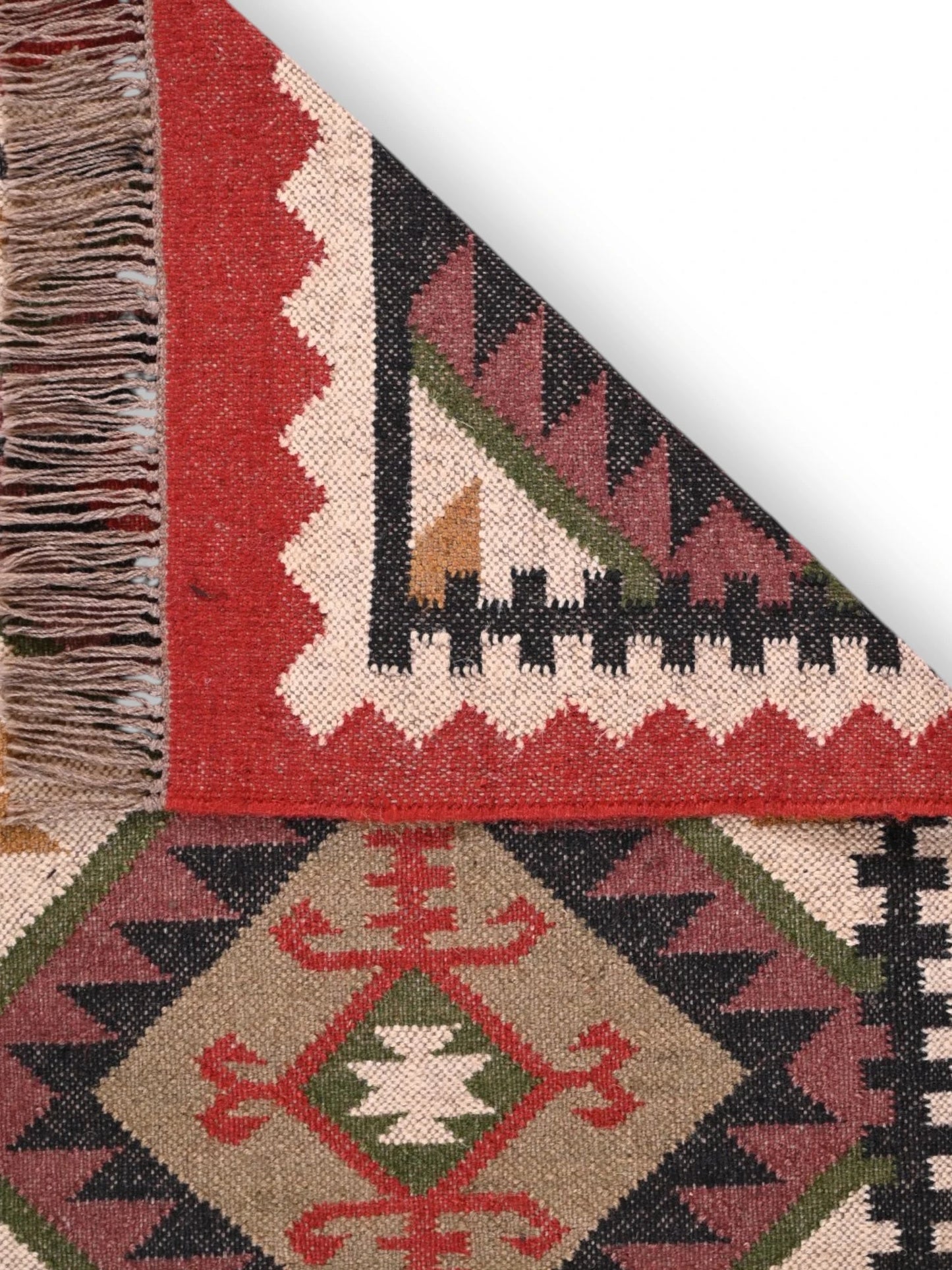 Detalle de alfombras kililm pasillo 75x300 multicolor necha a mano en fibras naturales