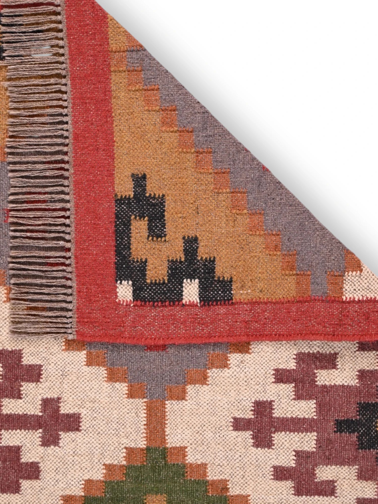 Detalle de alfombras kililm pasillo 75x300 multicolor necha a mano en fibras naturales

