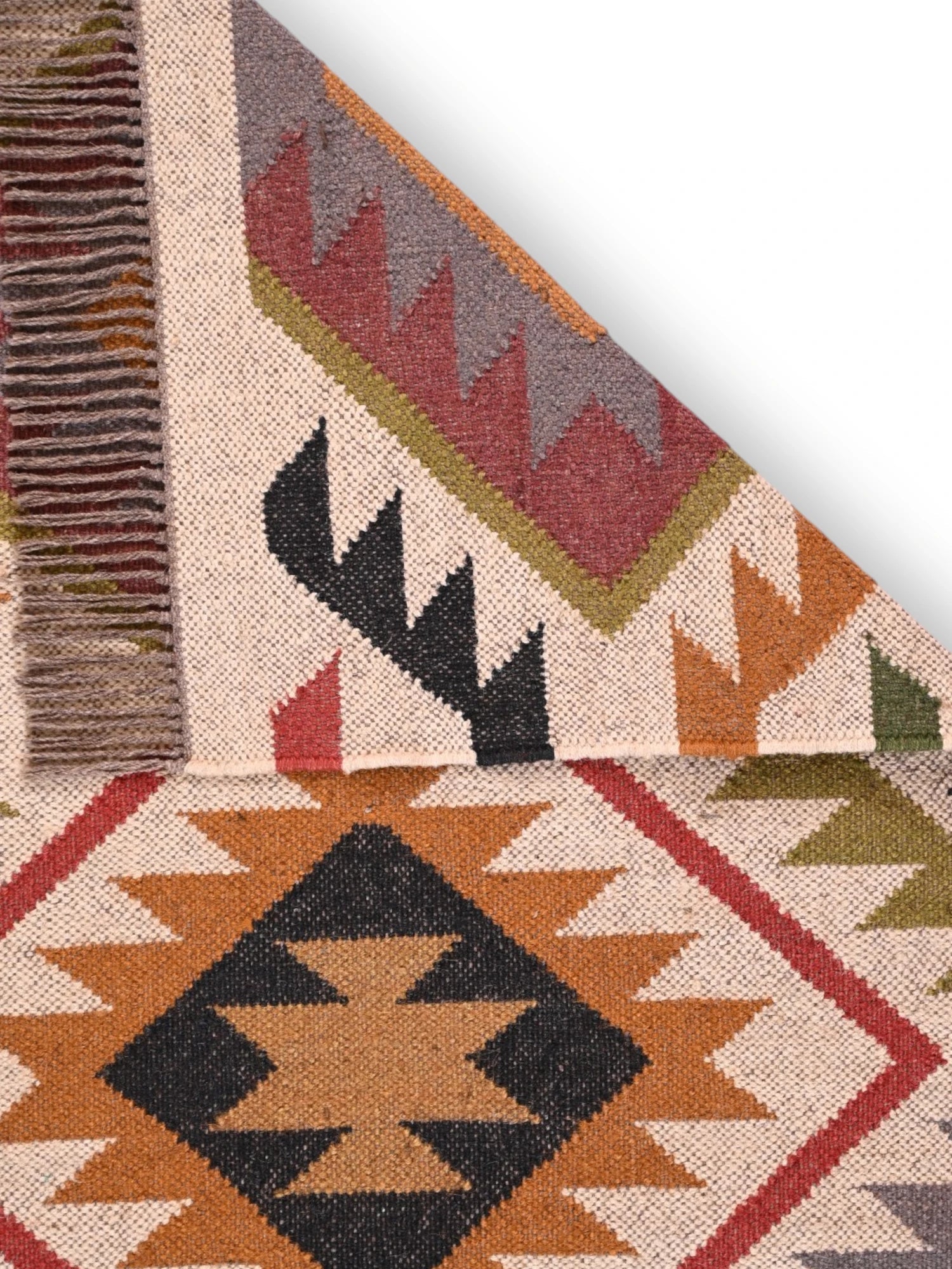 Detalle de alfombras kililm pasillo 75x300 multicolor necha a mano en fibras naturales