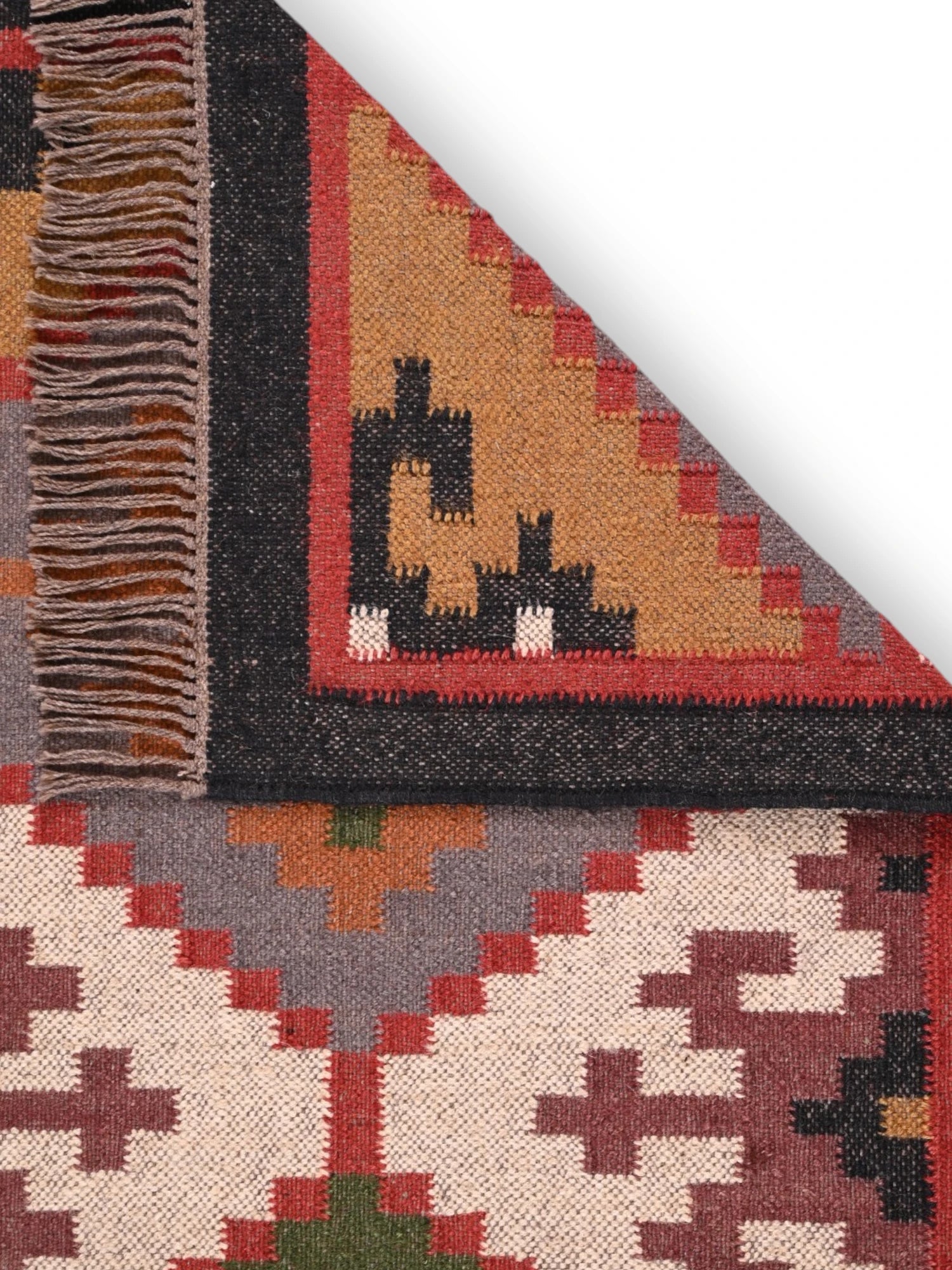 Detalle de alfombras kililm pasillo 75x300 multicolor necha a mano en fibras naturales