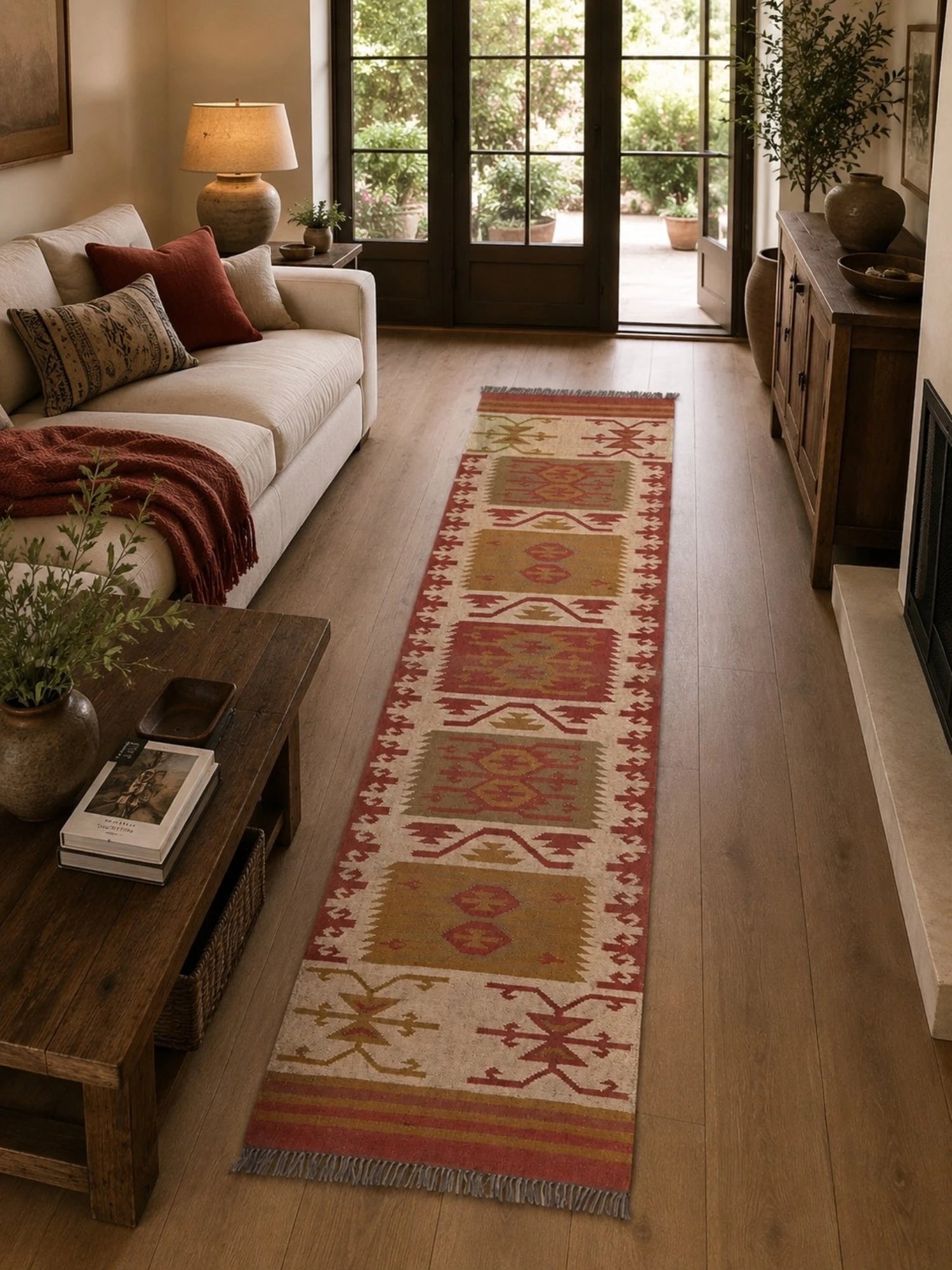 Detalle de alfombras kililm pasillo  75x360 multicolor necha a mano en fibras naturales