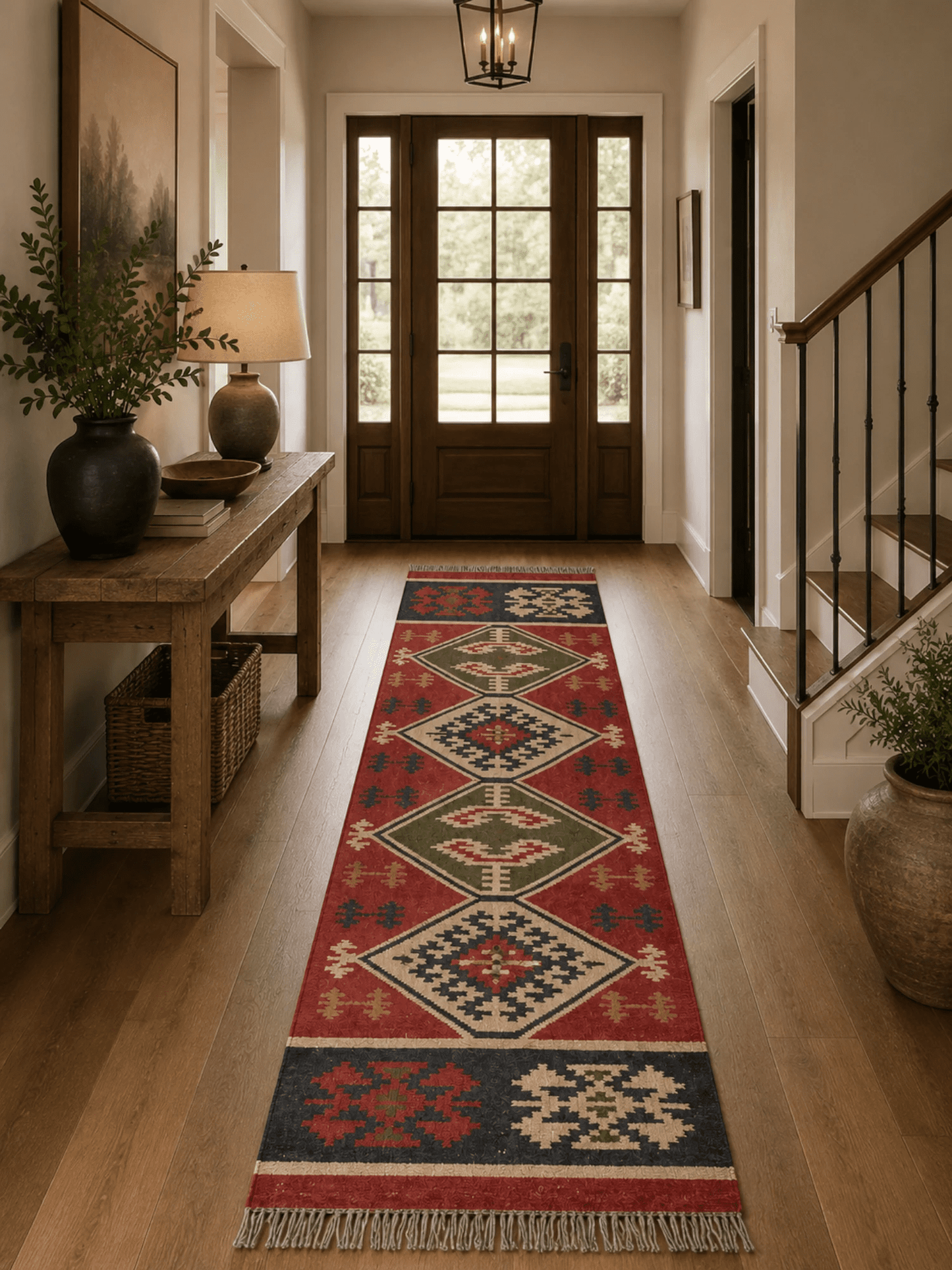 Detalle de alfombras kililm pasillo  75x360 multicolor necha a mano en fibras naturales