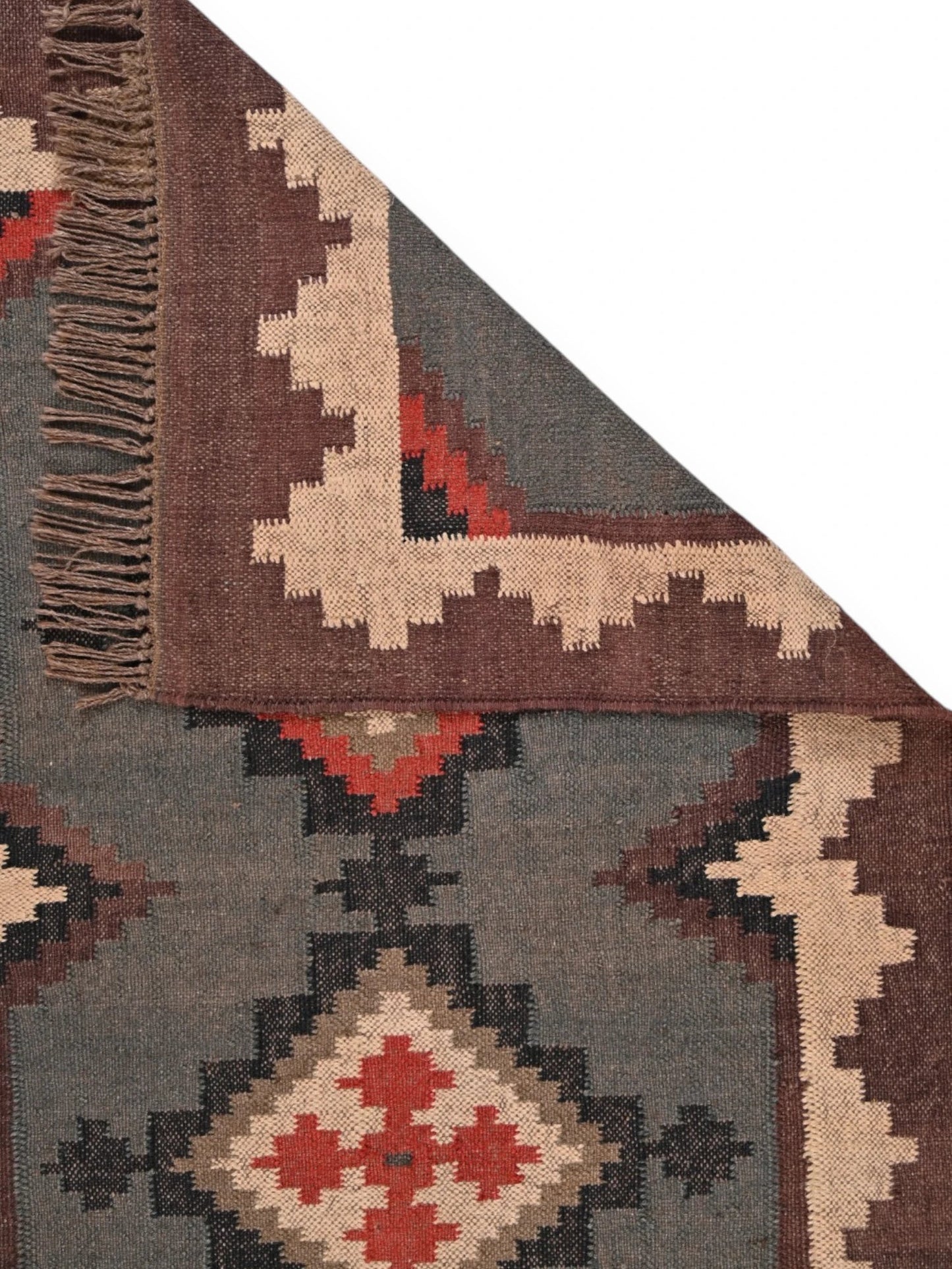 Detalle de alfombras kililm pasillo 90x150 multicolor necha a mano en fibras naturales