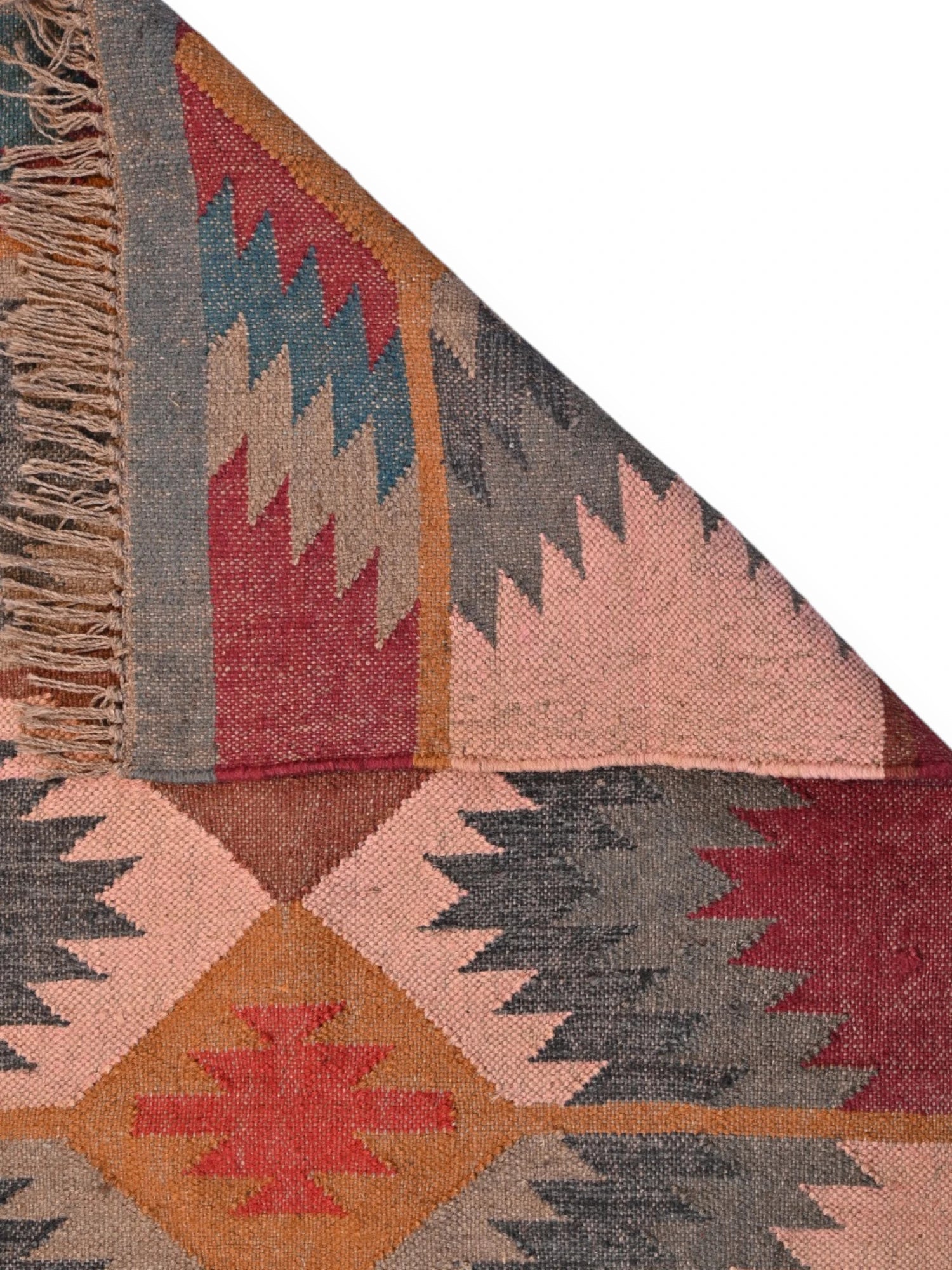 Detalle de alfombras kililm pasillo 90x150 multicolor necha a mano en fibras naturales