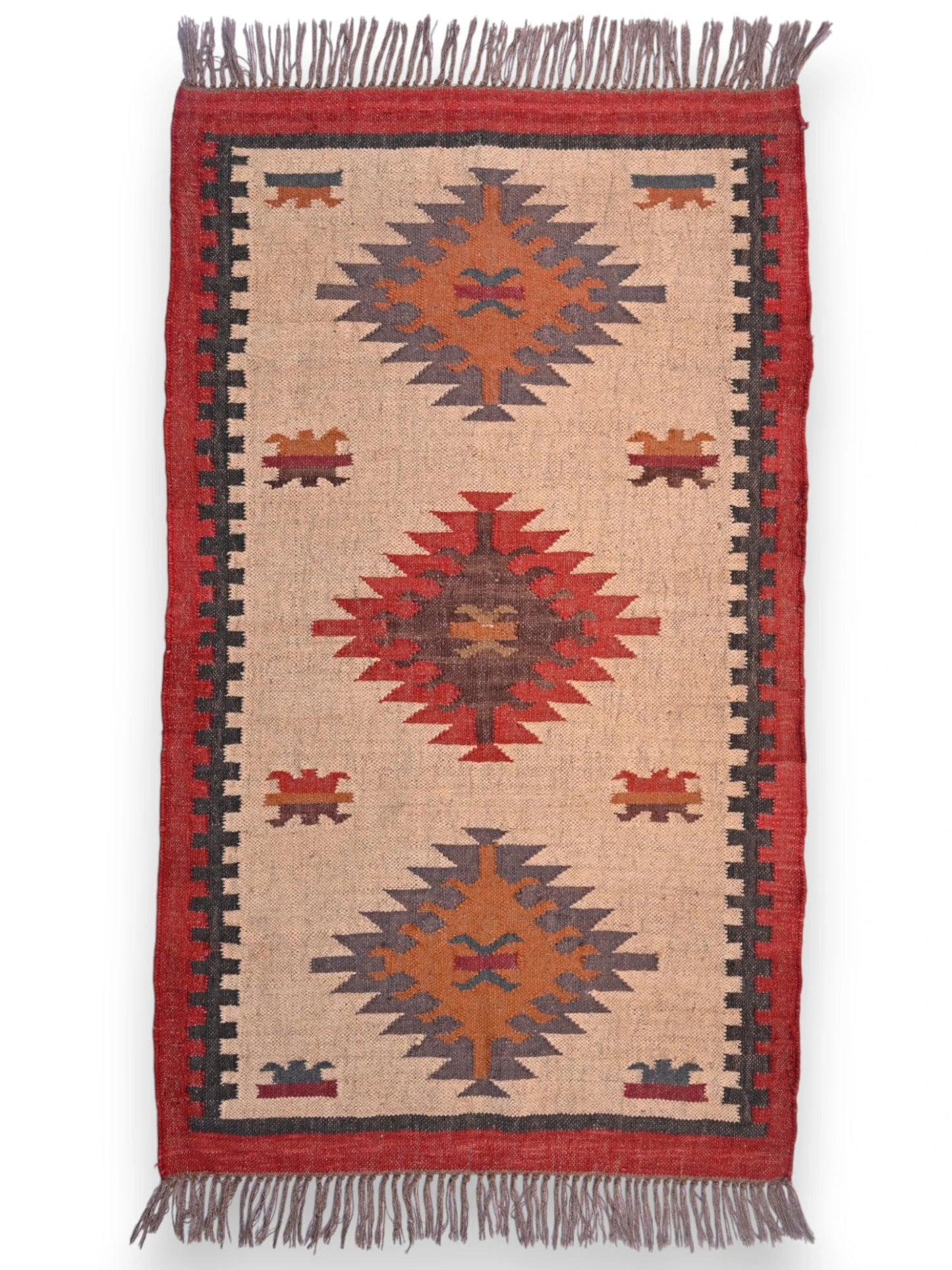 alfombras kililm pasillo 90x150 beige rojo necha a mano en fibras naturales