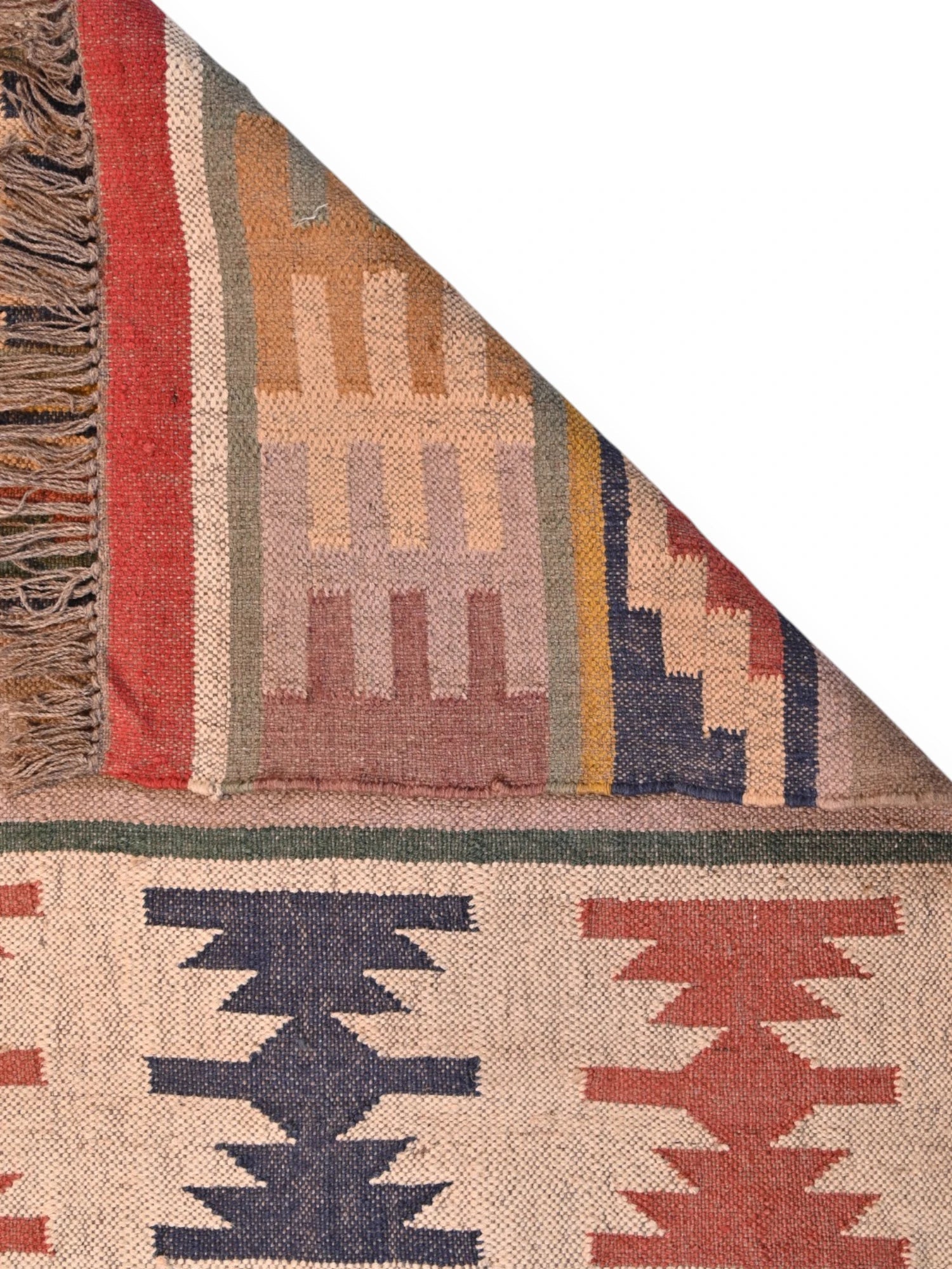 Detalle de alfombras kililm pasillo 90x150 multicolor necha a mano en fibras naturales