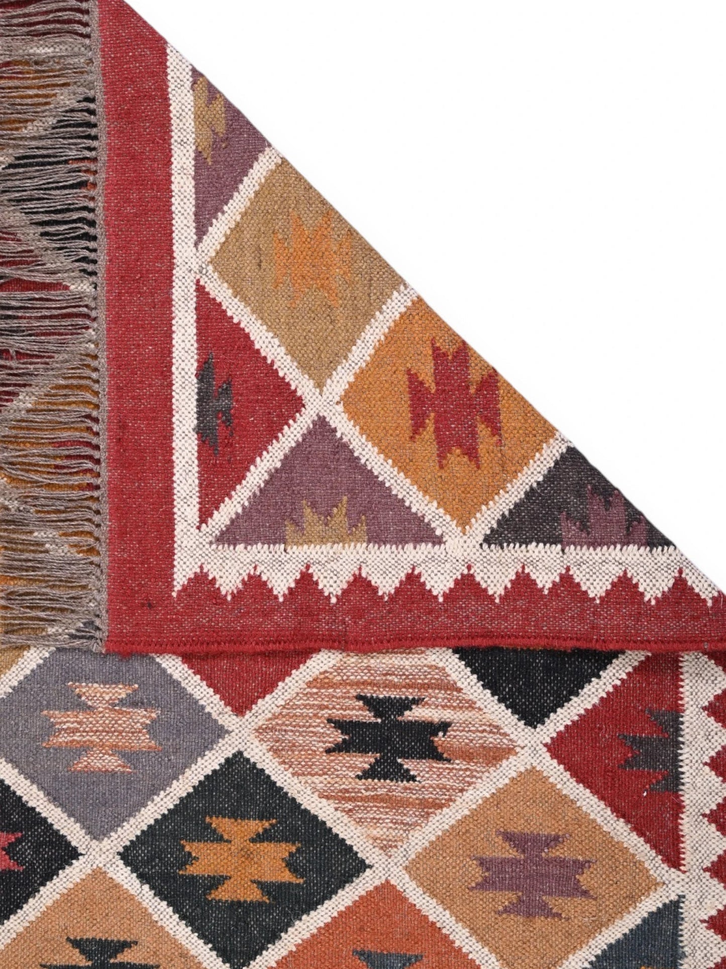Detalle de alfombras kililm pasillo 90x50 multicolor necha a mano en fibras naturales