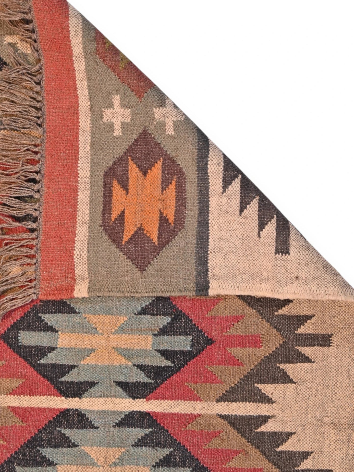 Detalle de alfombras kililm pasillo 90x150 multicolor necha a mano en fibras naturales