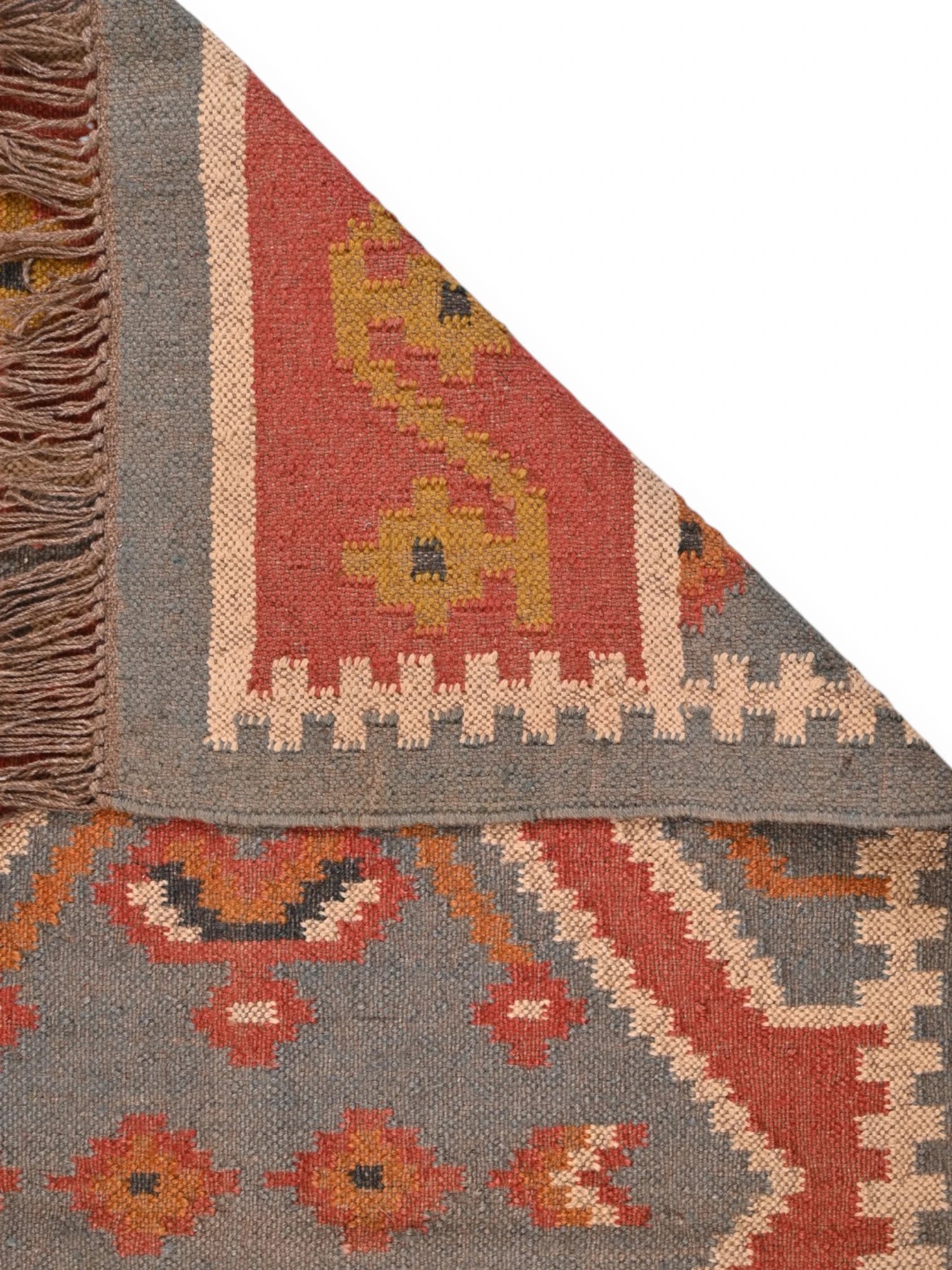 Detalle de alfombras kililm pasillo 90x150 multicolor necha a mano en fibras naturales