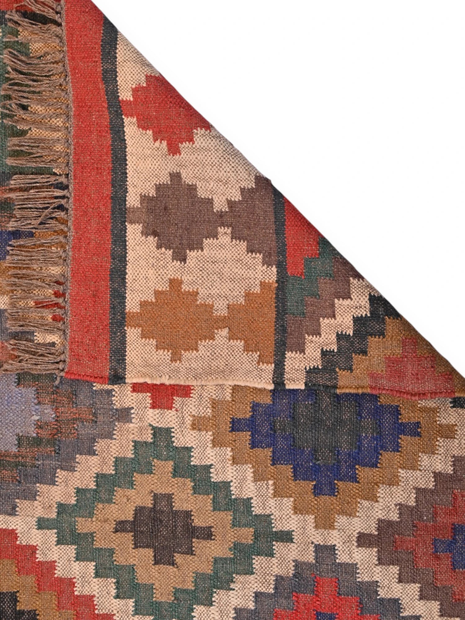 Detalle de alfombras kililm pasillo 90x150 multicolor necha a mano en fibras naturales