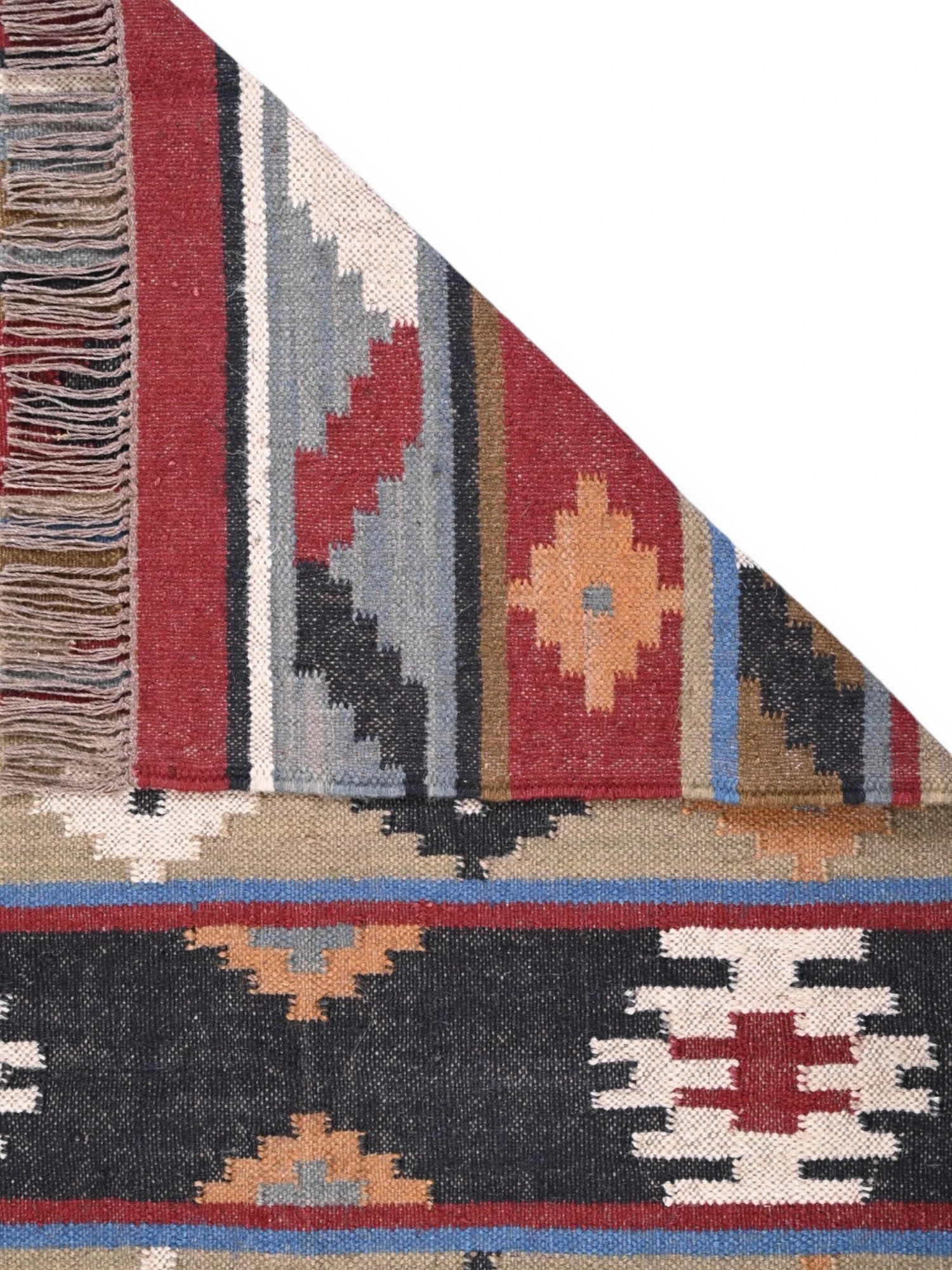 Detalle de alfombras kililm pasillo 90x50 multicolor necha a mano en fibras naturales