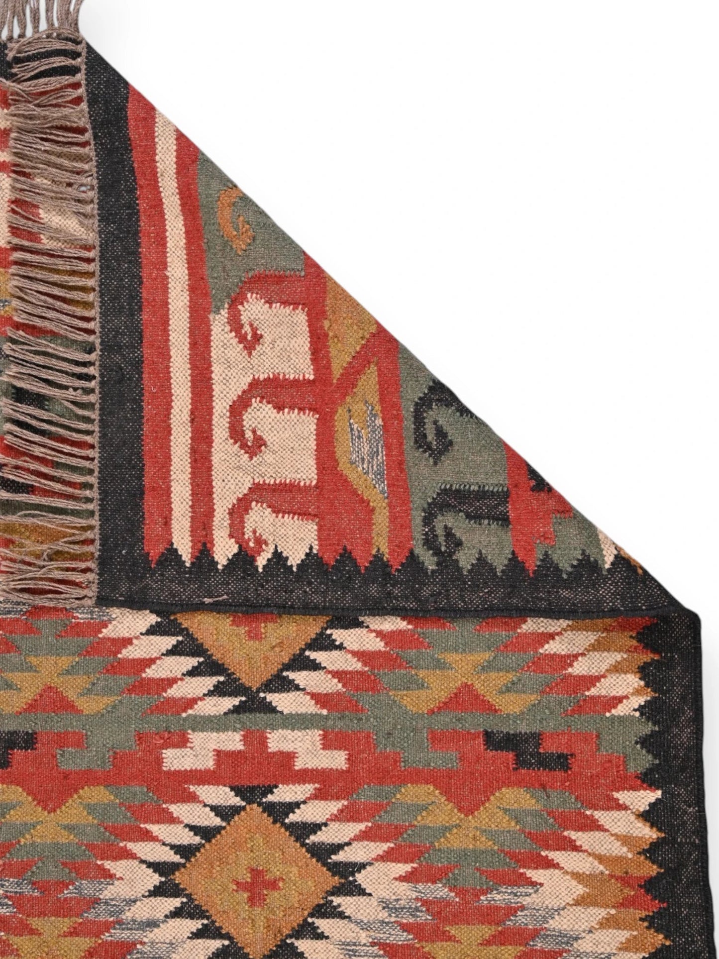 Detalle de alfombras kililm pasillo 90x150 multicolor necha a mano en fibras naturales