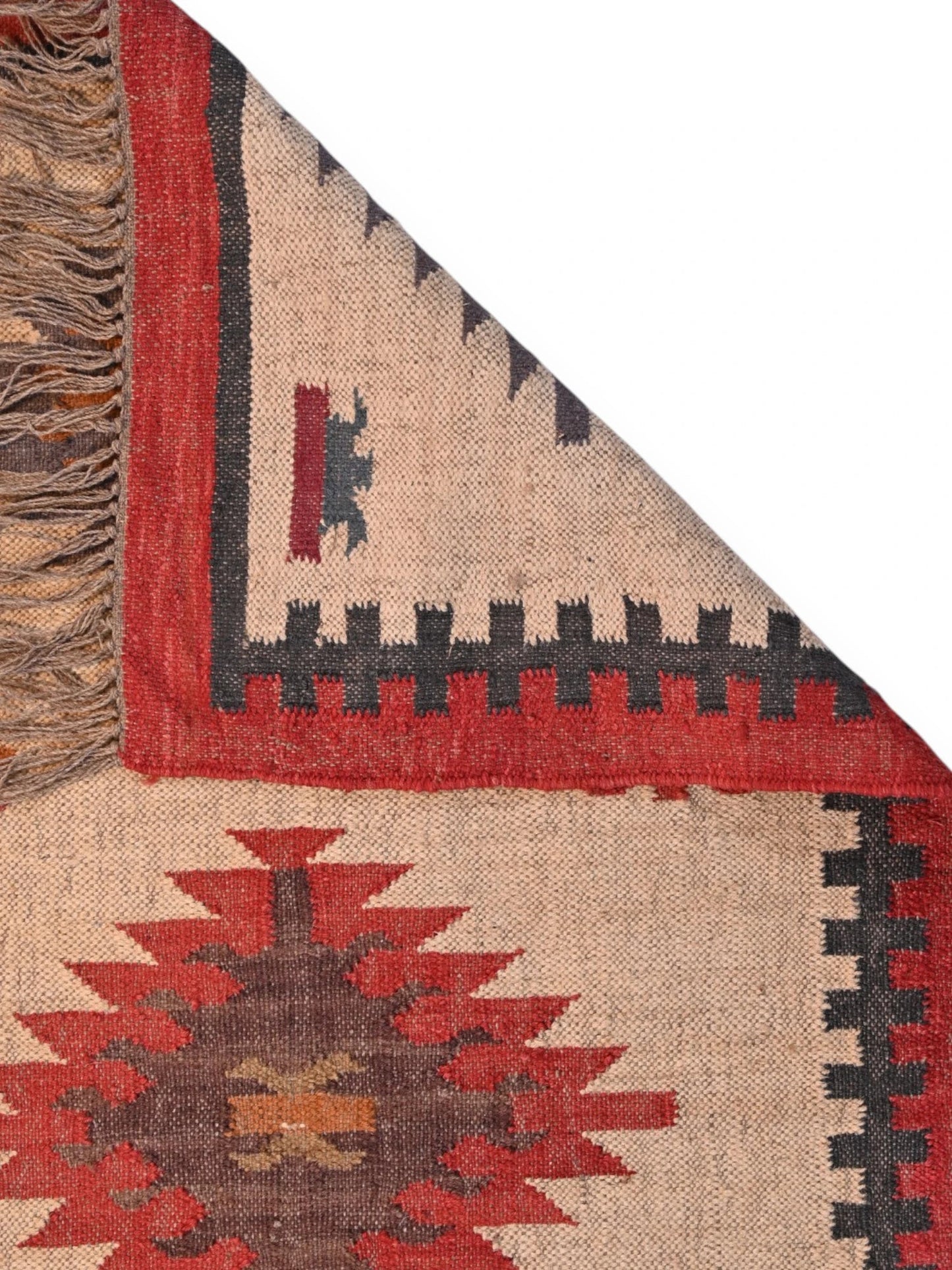 Detalle de alfombras kililm pasillo 90x150 beige rojo necha a mano en fibras naturales