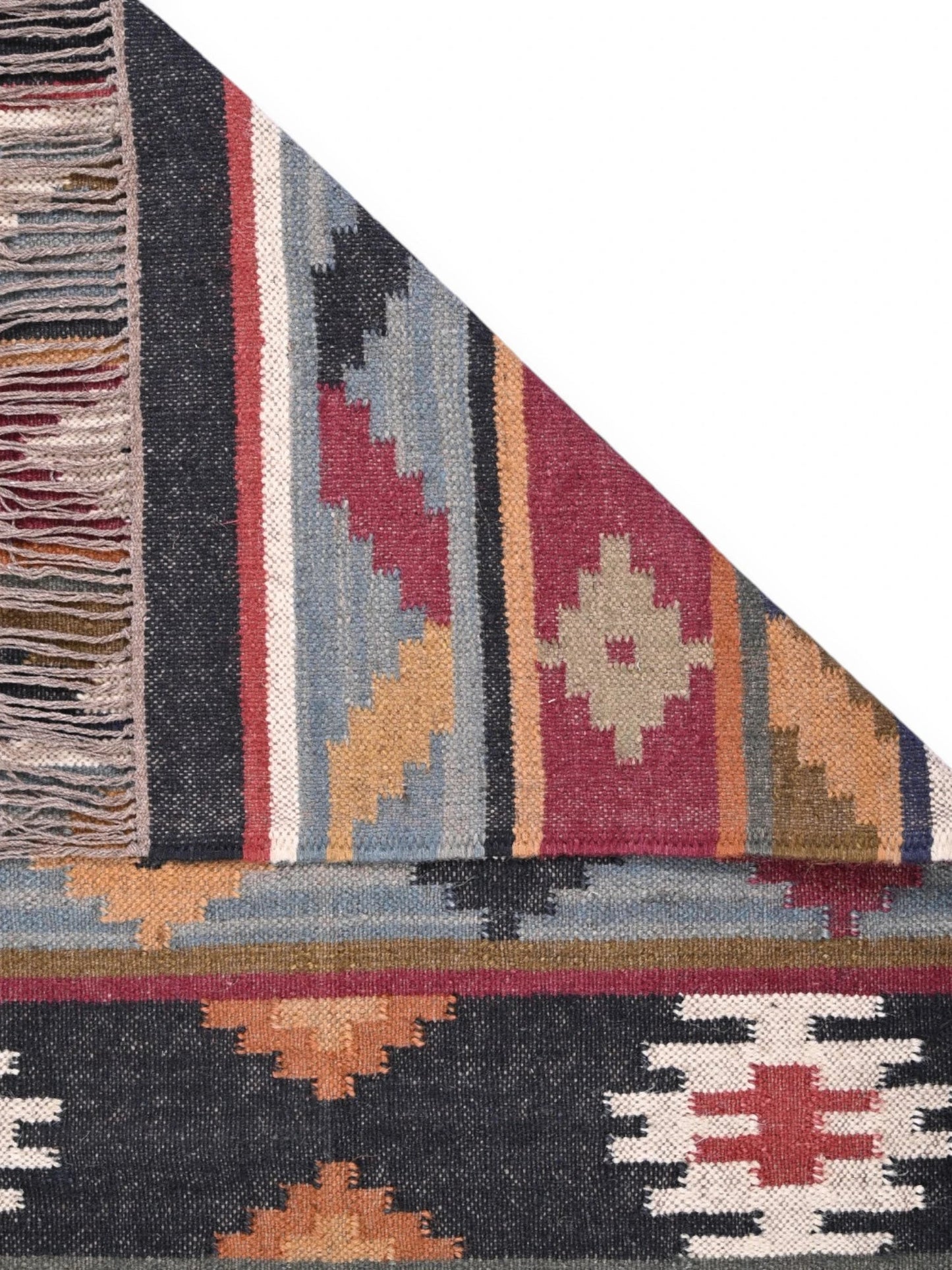 Detalle de alfombras kililm pasillo 90x50 multicolor necha a mano en fibras naturales