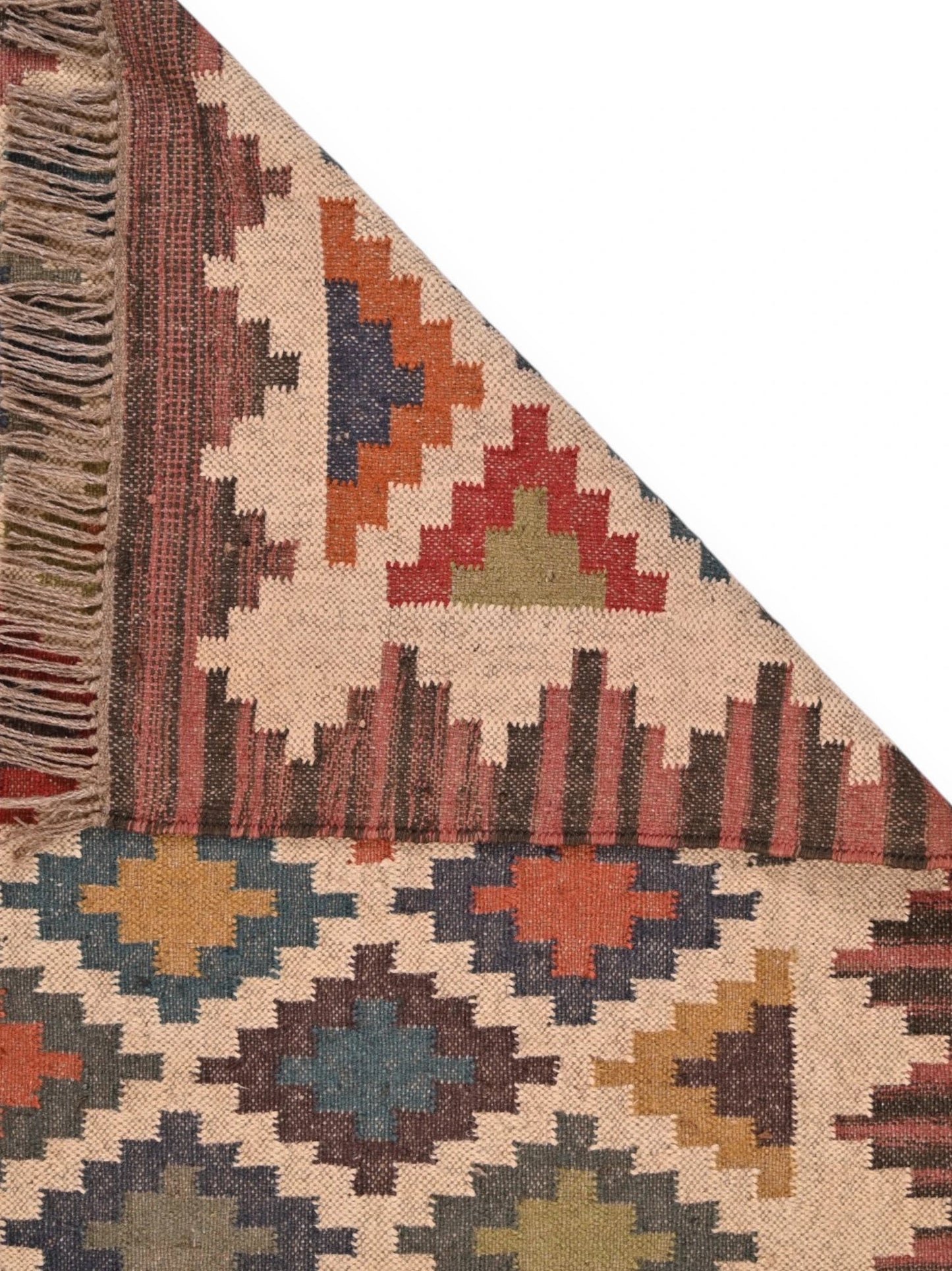 Detalle de alfombras kililm pasillo 90x150 multicolor necha a mano en fibras naturales