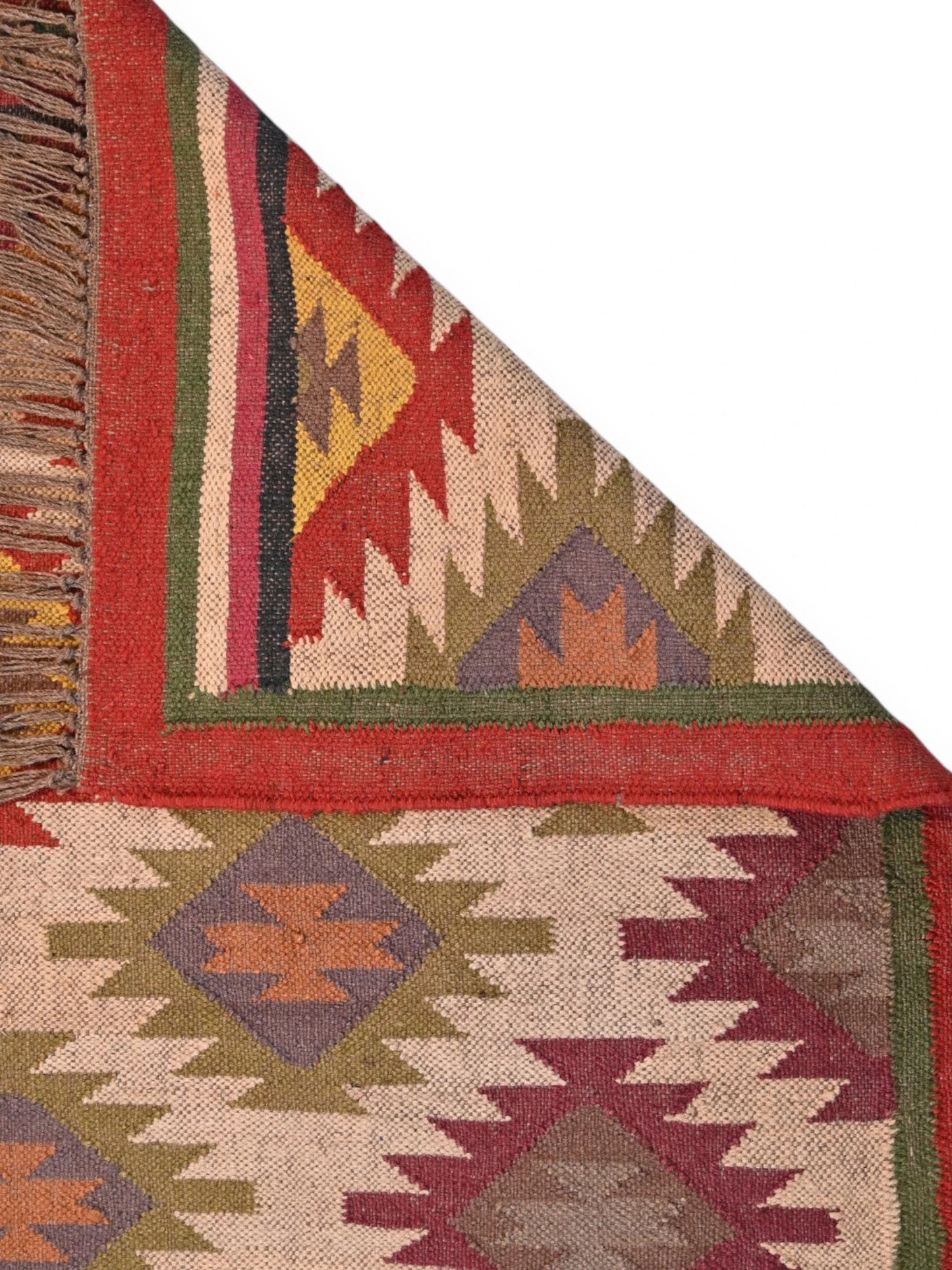 Detalle de alfombras kililm pasillo 90x150 multicolor necha a mano en fibras naturales