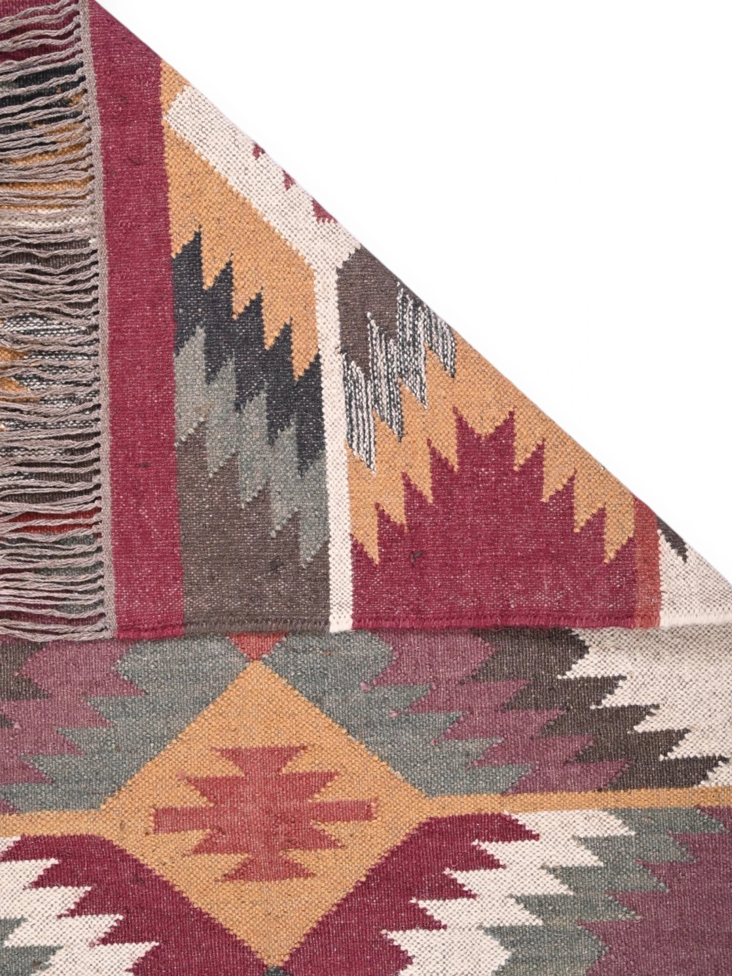 Detalle de alfombras kililm pasillo 90x50 multicolor necha a mano en fibras naturales