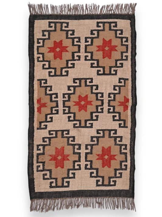 alfombras kililm pasillo 90x150 beige marrón rojo necha a mano en fibras naturales

