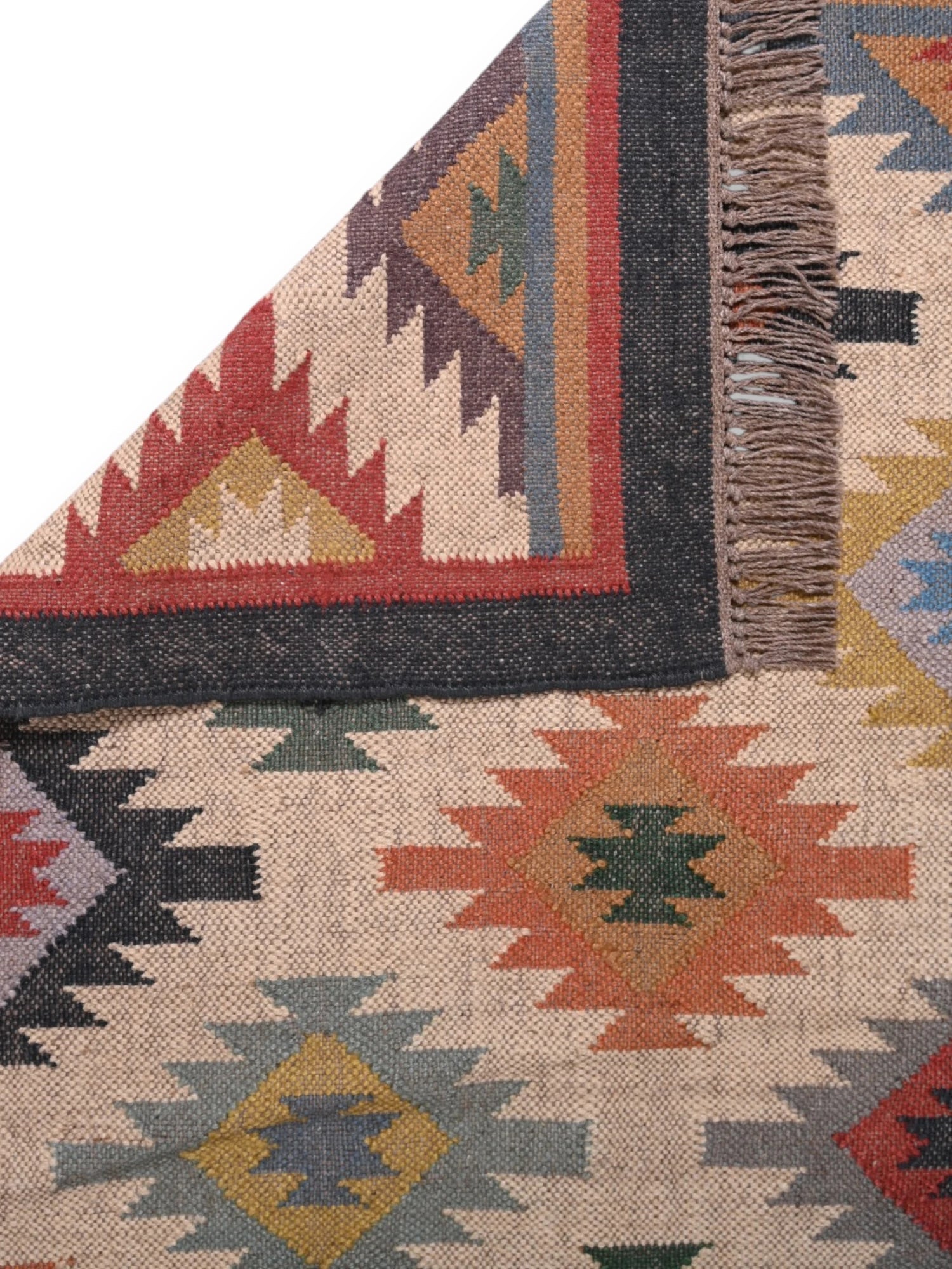 Detalle de alfombra kilim pasillo 90x150 multicolor hecha a mano en fibras naturales