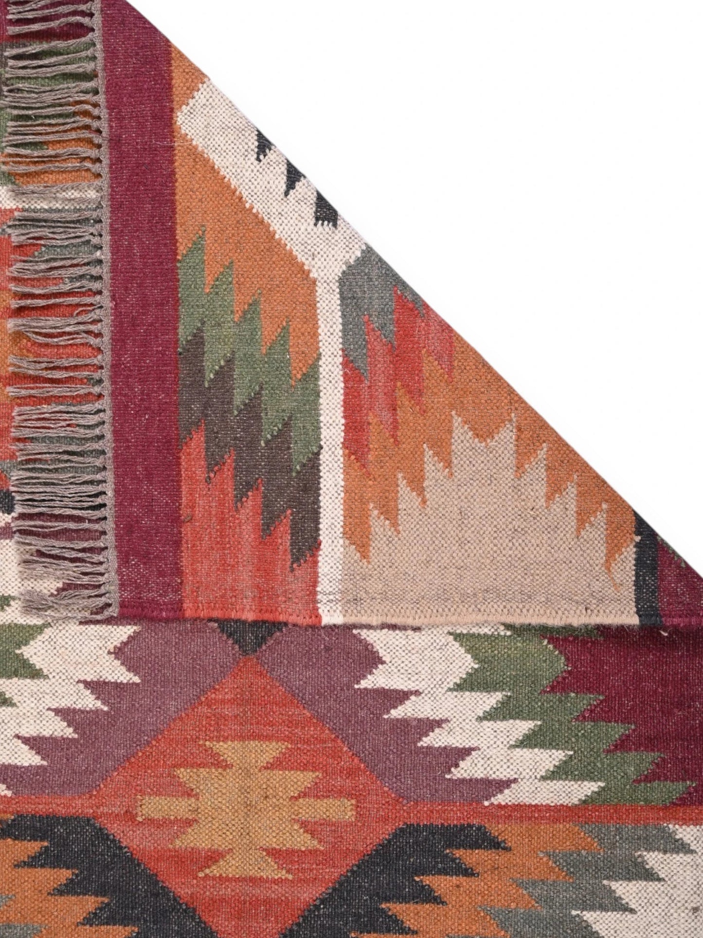 Detalle de alfombras kililm pasillo 90x50 multicolor necha a mano en fibras naturales