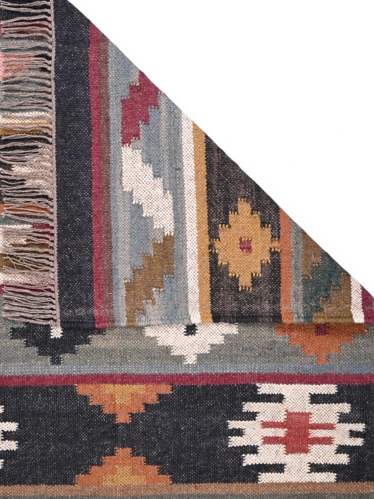 Detalle de alfombras kililm pasillo 90x50 multicolor necha a mano en fibras naturales