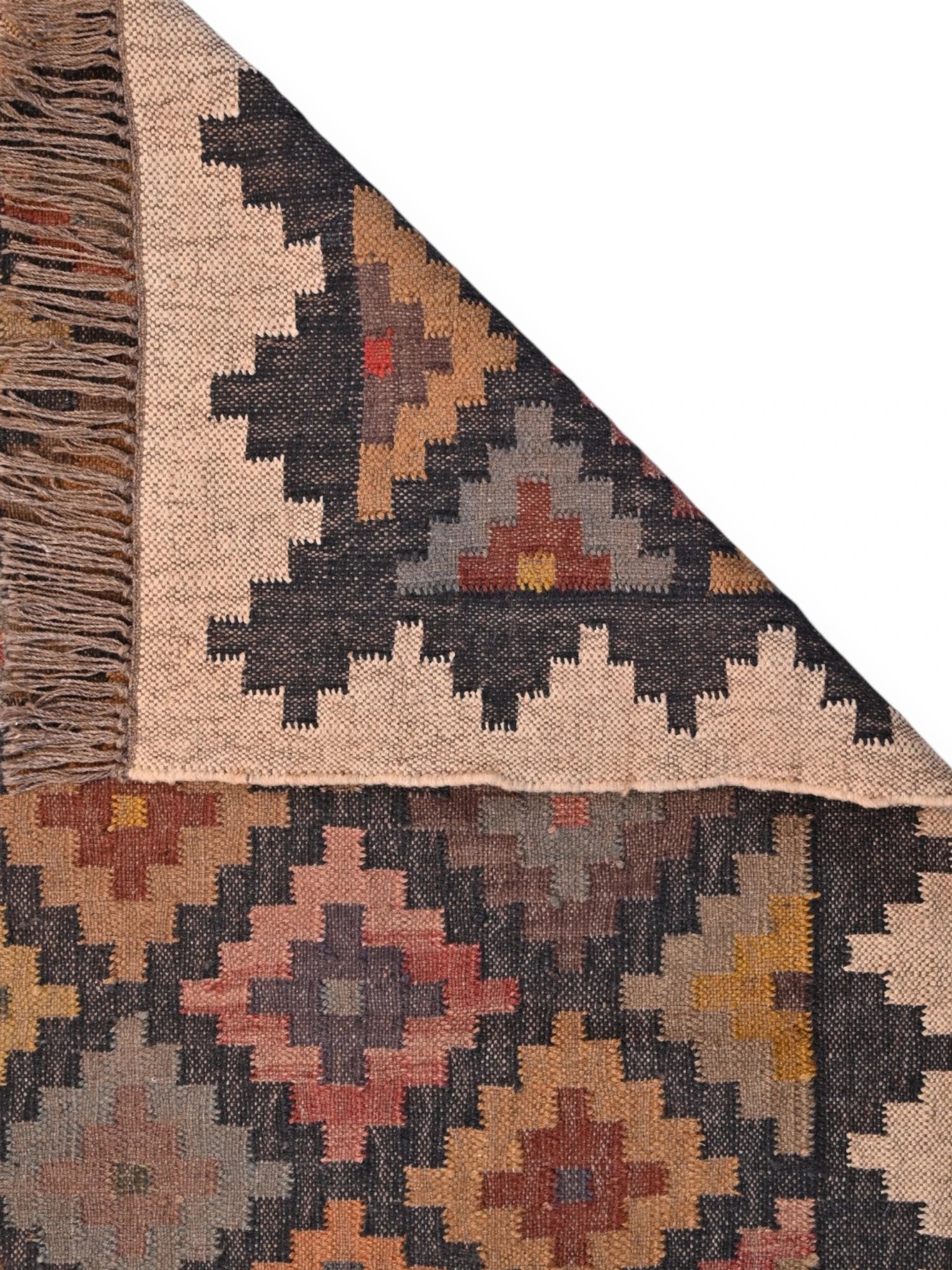 Detalle de alfombras kililm pasillo 90x150 multicolor necha a mano en fibras naturales